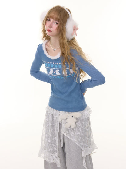 American Slim Show Skinny Fur Neckline Long Sleeve T-Shirt Rabbit Print Knitted Base Shirt【s0000014781】