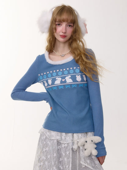 American Slim Show Skinny Fur Neckline Long Sleeve T-Shirt Rabbit Print Knitted Base Shirt【s0000014781】