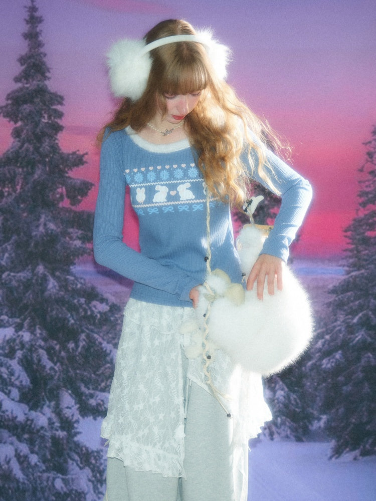 American Slim Show Skinny Fur Neckline Long Sleeve T-Shirt Rabbit Print Knitted Base Shirt【s0000014781】