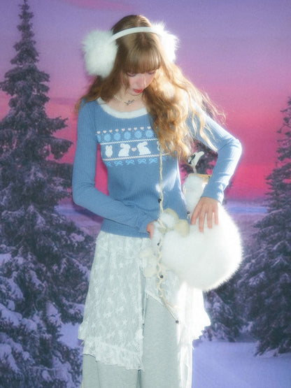 American Slim Show Skinny Fur Neckline Long Sleeve T-Shirt Rabbit Print Knitted Base Shirt【s0000014781】