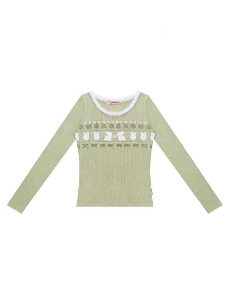 American Slim Show Skinny Fur Neckline Long Sleeve T-Shirt Rabbit Print Knitted Base Shirt【s0000014781】
