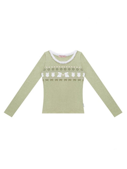 American Slim Show Skinny Fur Neckline Long Sleeve T-Shirt Rabbit Print Knitted Base Shirt【s0000014781】