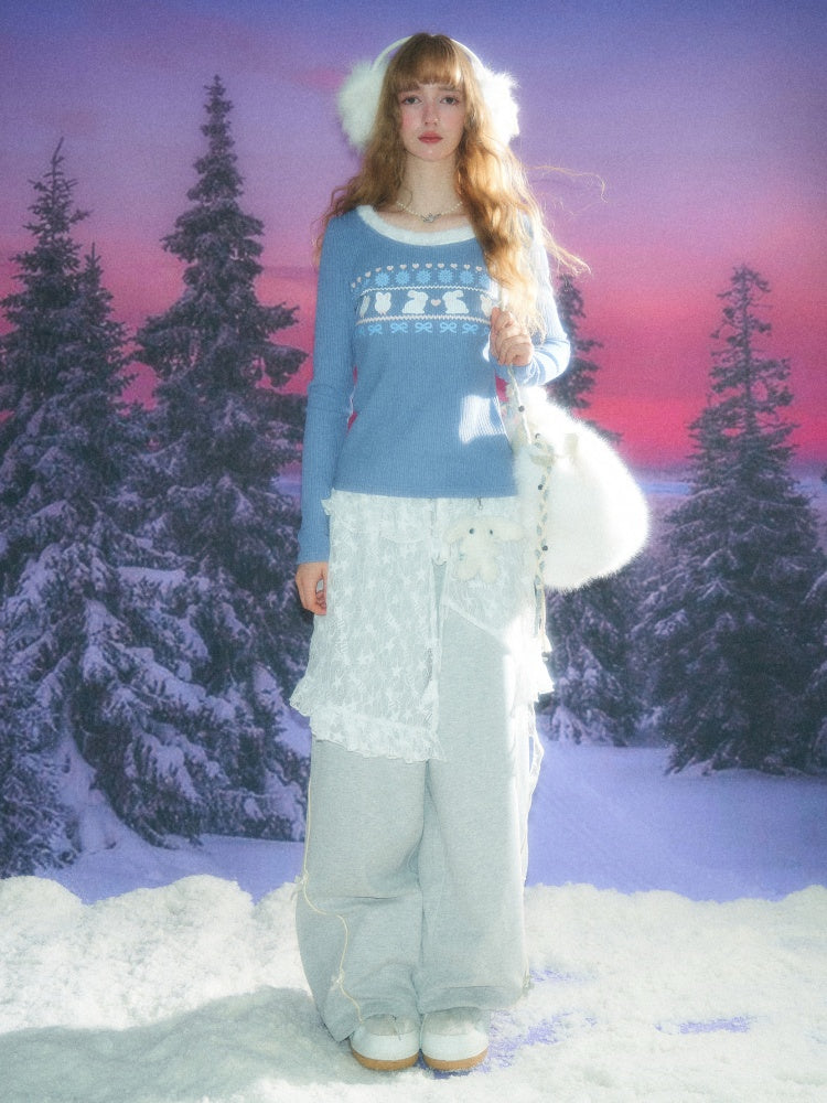 American Slim Show Skinny Fur Neckline Long Sleeve T-Shirt Rabbit Print Knitted Base Shirt【s0000014781】