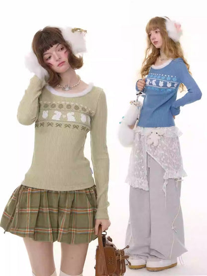 American Slim Show Skinny Fur Neckline Long Sleeve T-Shirt Rabbit Print Knitted Base Shirt【s0000014781】