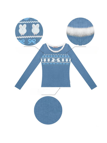 American Slim Show Skinny Fur Neckline Long Sleeve T-Shirt Rabbit Print Knitted Base Shirt【s0000014781】