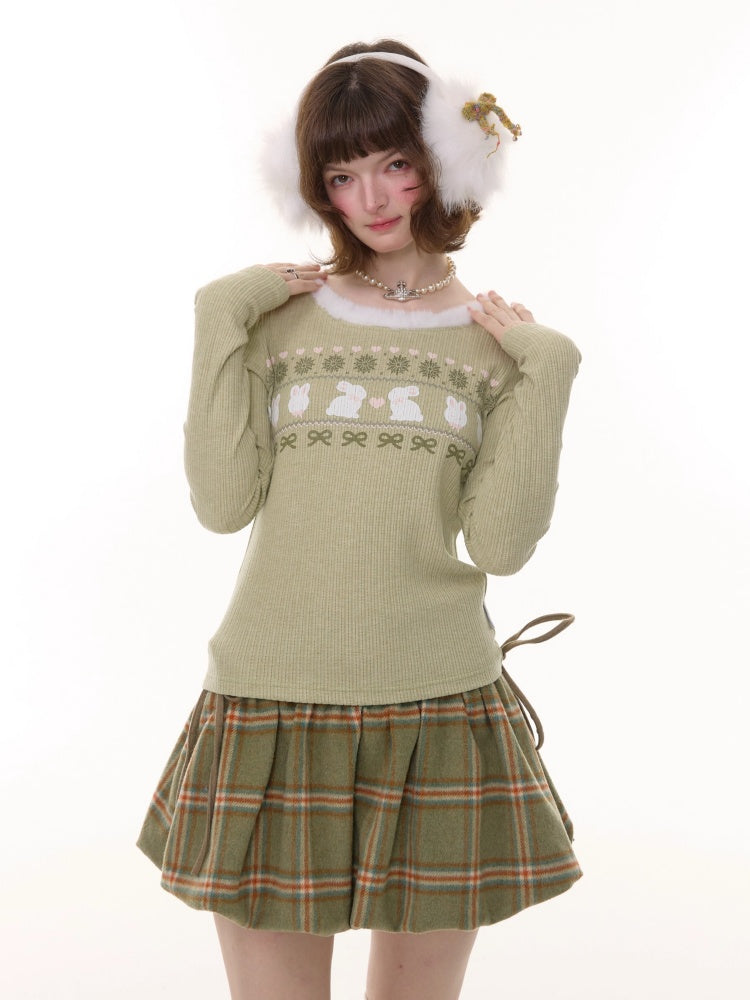 American Slim Show Skinny Fur Neckline Long Sleeve T-Shirt Rabbit Print Knitted Base Shirt【s0000014781】