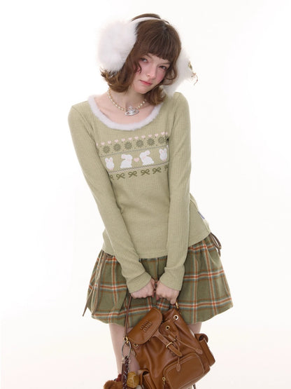 American Slim Show Skinny Fur Neckline Long Sleeve T-Shirt Rabbit Print Knitted Base Shirt【s0000014781】