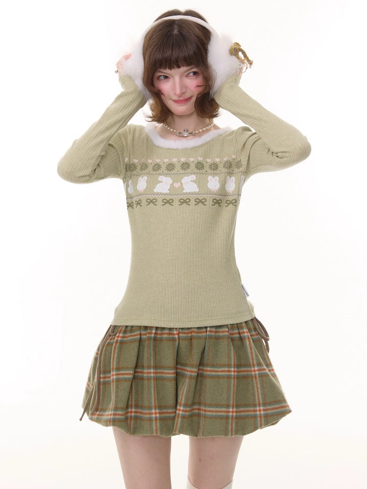 American Slim Show Skinny Fur Neckline Long Sleeve T-Shirt Rabbit Print Knitted Base Shirt【s0000014781】