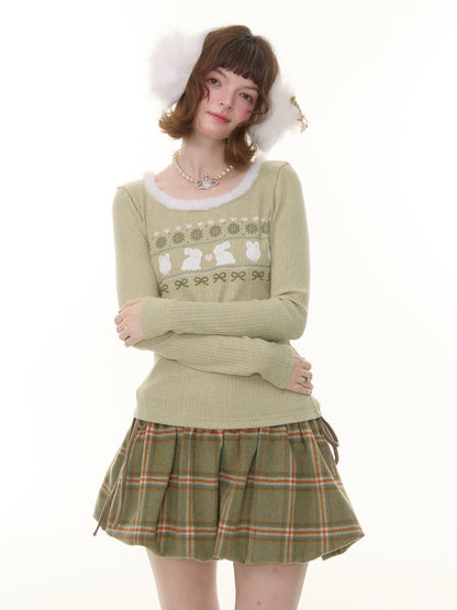 American Slim Show Skinny Fur Neckline Long Sleeve T-Shirt Rabbit Print Knitted Base Shirt【s0000014781】