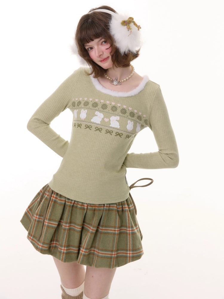 American Slim Show Skinny Fur Neckline Long Sleeve T-Shirt Rabbit Print Knitted Base Shirt【s0000014781】