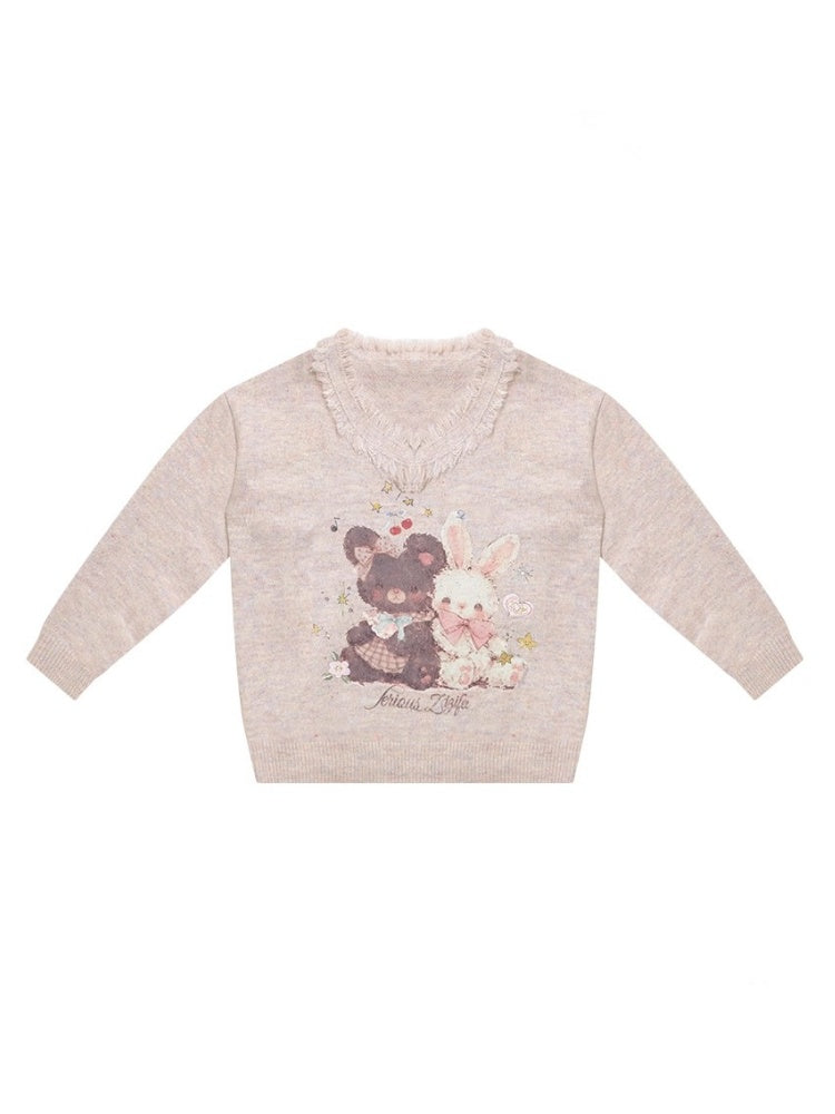 American Retro Design Color Warm Soft Glutinous Bear Rabbit Print Raw Edge V-Neck Sweater【s0000014782】