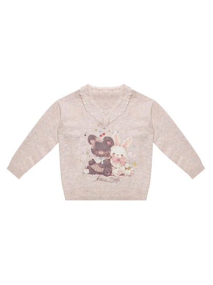 American Retro Design Color Warm Soft Glutinous Bear Rabbit Print Raw Edge V-Neck Sweater【s0000014782】
