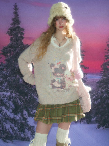 American Retro Design Color Warm Soft Glutinous Bear Rabbit Print Raw Edge V-Neck Sweater【s0000014782】