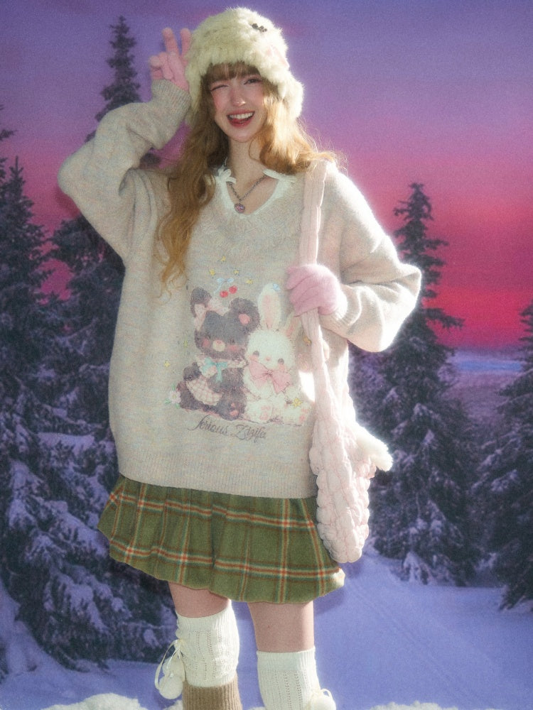 American Retro Design Color Warm Soft Glutinous Bear Rabbit Print Raw Edge V-Neck Sweater【s0000014782】