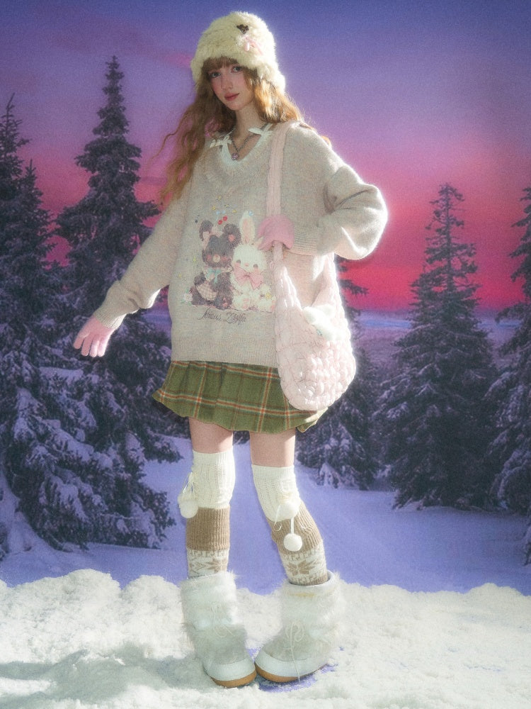 American Retro Design Color Warm Soft Glutinous Bear Rabbit Print Raw Edge V-Neck Sweater【s0000014782】