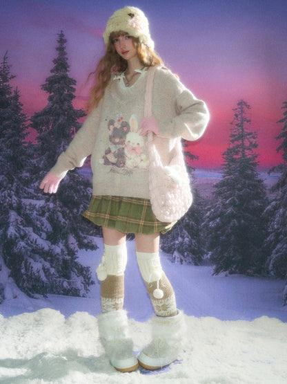 American Retro Design Color Warm Soft Glutinous Bear Rabbit Print Raw Edge V-Neck Sweater【s0000014782】