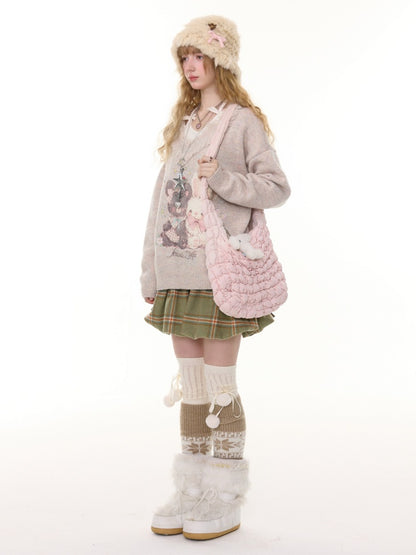 American Retro Design Color Warm Soft Glutinous Bear Rabbit Print Raw Edge V-Neck Sweater【s0000014782】