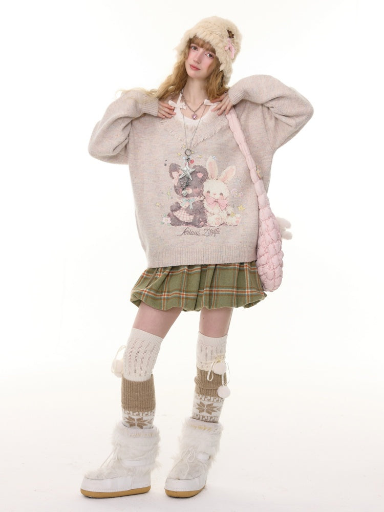 American Retro Design Color Warm Soft Glutinous Bear Rabbit Print Raw Edge V-Neck Sweater【s0000014782】