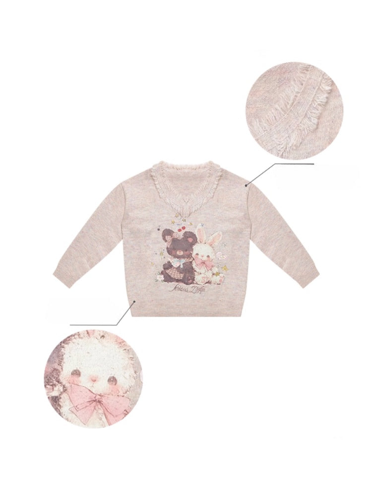 American Retro Design Color Warm Soft Glutinous Bear Rabbit Print Raw Edge V-Neck Sweater【s0000014782】