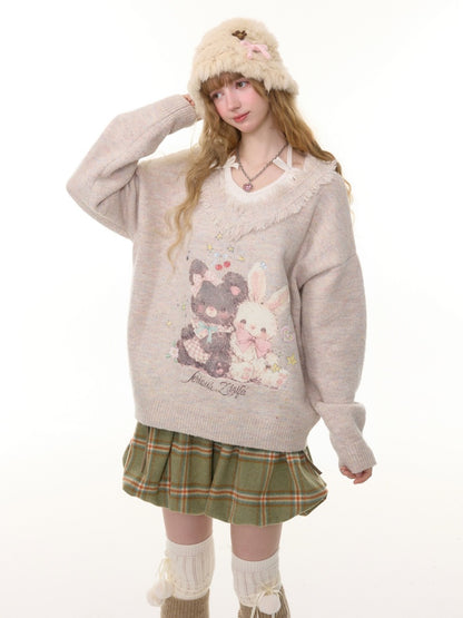 American Retro Design Color Warm Soft Glutinous Bear Rabbit Print Raw Edge V-Neck Sweater【s0000014782】