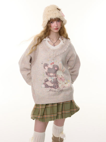American Retro Design Color Warm Soft Glutinous Bear Rabbit Print Raw Edge V-Neck Sweater【s0000014782】