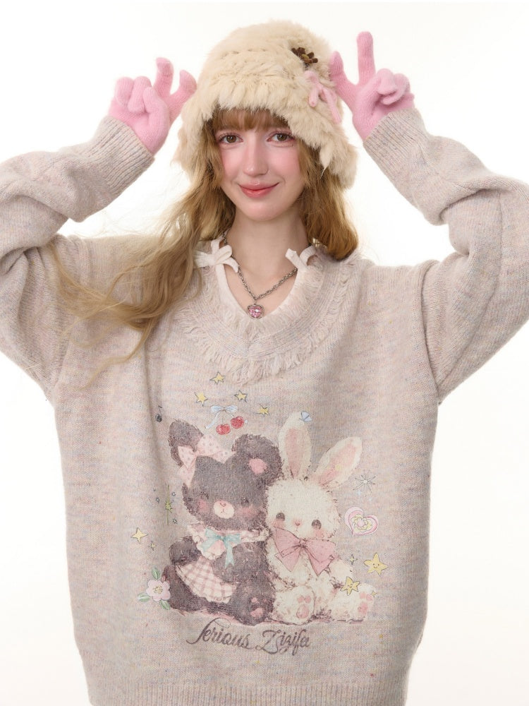 American Retro Design Color Warm Soft Glutinous Bear Rabbit Print Raw Edge V-Neck Sweater【s0000014782】