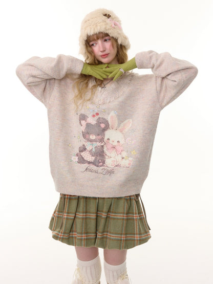 American Retro Design Color Warm Soft Glutinous Bear Rabbit Print Raw Edge V-Neck Sweater【s0000014782】