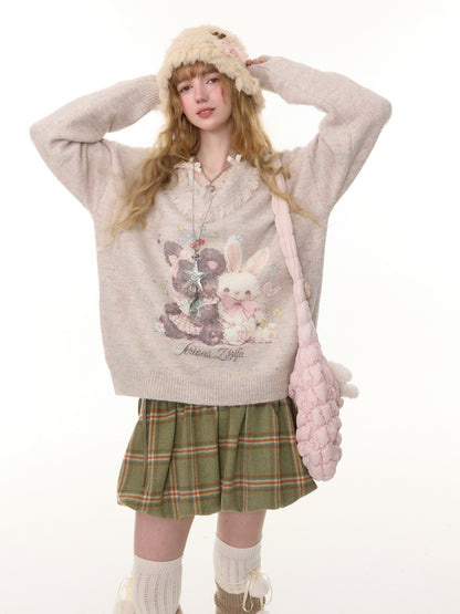 American Retro Design Color Warm Soft Glutinous Bear Rabbit Print Raw Edge V-Neck Sweater【s0000014782】