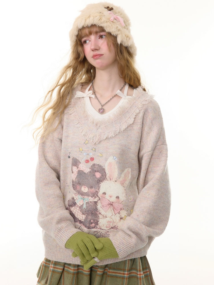 American Retro Design Color Warm Soft Glutinous Bear Rabbit Print Raw Edge V-Neck Sweater【s0000014782】