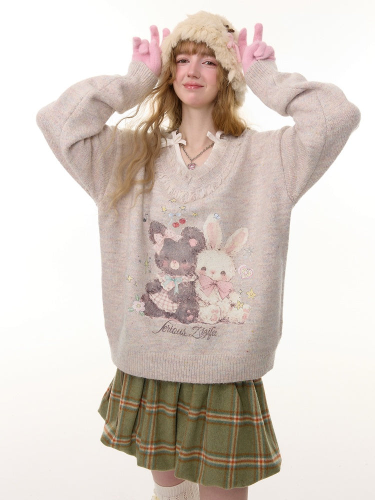 American Retro Design Color Warm Soft Glutinous Bear Rabbit Print Raw Edge V-Neck Sweater【s0000014782】
