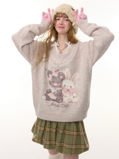 American Retro Design Color Warm Soft Glutinous Bear Rabbit Print Raw Edge V-Neck Sweater【s0000014782】