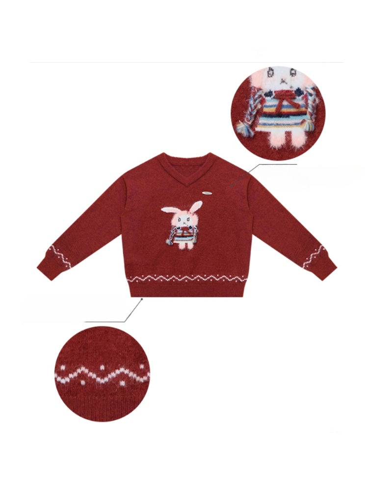 Rabbit Pattern Christmas  New Year Robe Soft Glutinous Thick Lazy Style V-Neck Sweater【s0000014784】
