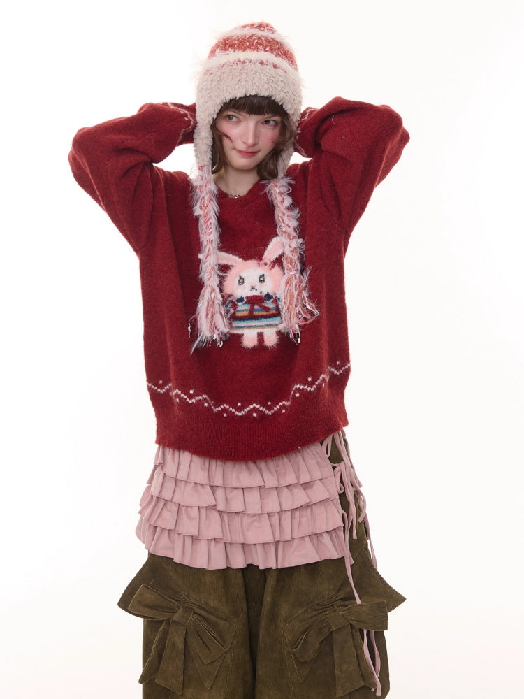 Rabbit Pattern Christmas  New Year Robe Soft Glutinous Thick Lazy Style V-Neck Sweater【s0000014784】