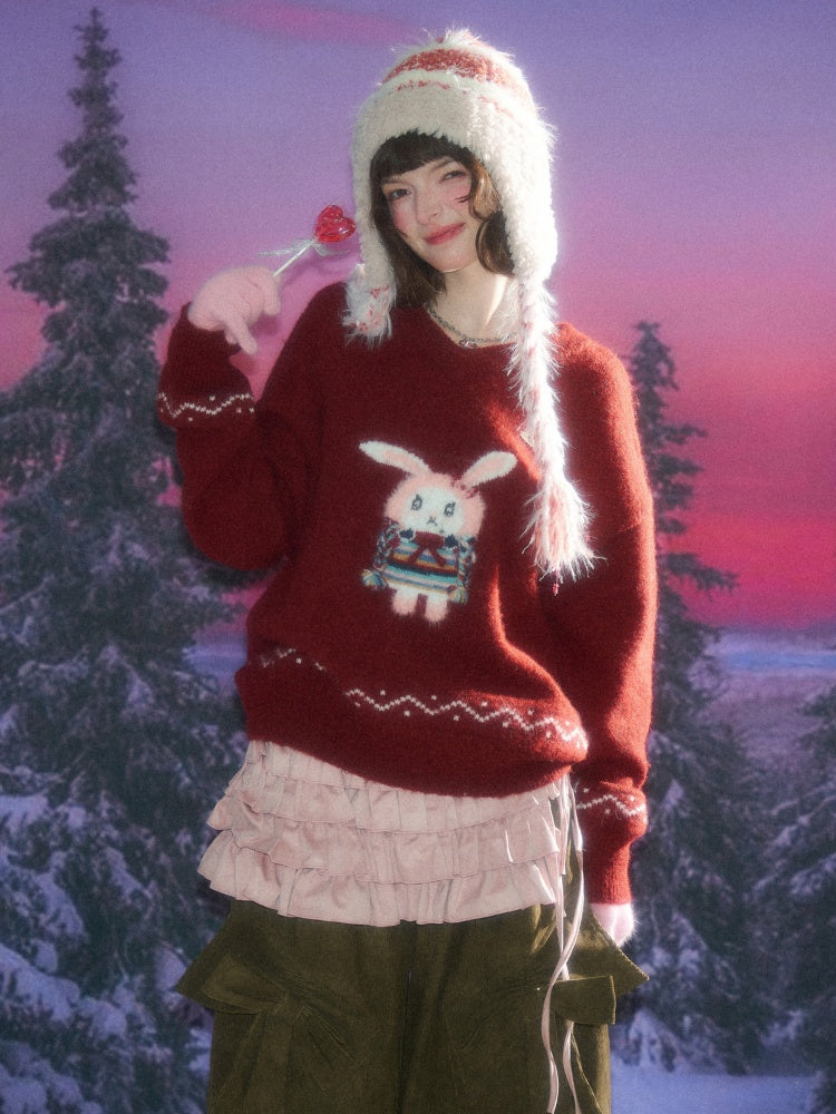 Rabbit Pattern Christmas  New Year Robe Soft Glutinous Thick Lazy Style V-Neck Sweater【s0000014784】