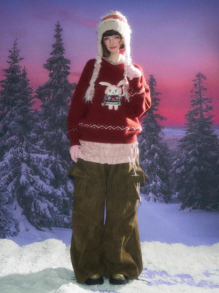 Rabbit Pattern Christmas  New Year Robe Soft Glutinous Thick Lazy Style V-Neck Sweater【s0000014784】