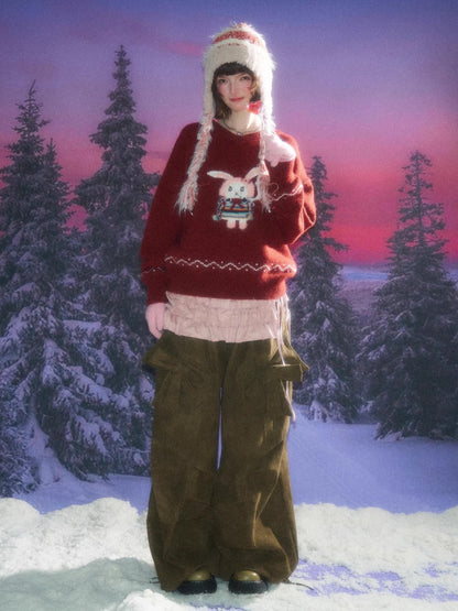 Rabbit Pattern Christmas  New Year Robe Soft Glutinous Thick Lazy Style V-Neck Sweater【s0000014784】