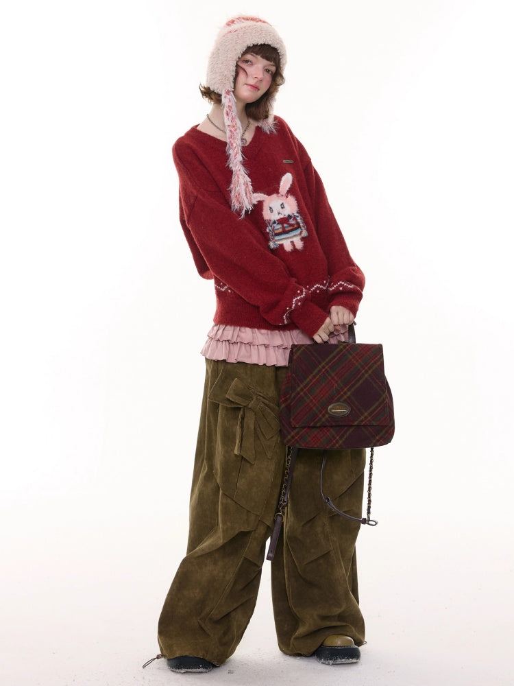 Rabbit Pattern Christmas  New Year Robe Soft Glutinous Thick Lazy Style V-Neck Sweater【s0000014784】