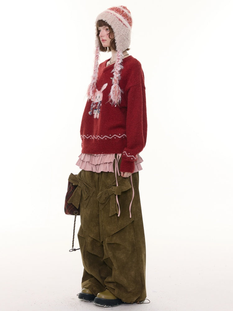 Rabbit Pattern Christmas  New Year Robe Soft Glutinous Thick Lazy Style V-Neck Sweater【s0000014784】