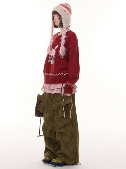 Rabbit Pattern Christmas  New Year Robe Soft Glutinous Thick Lazy Style V-Neck Sweater【s0000014784】