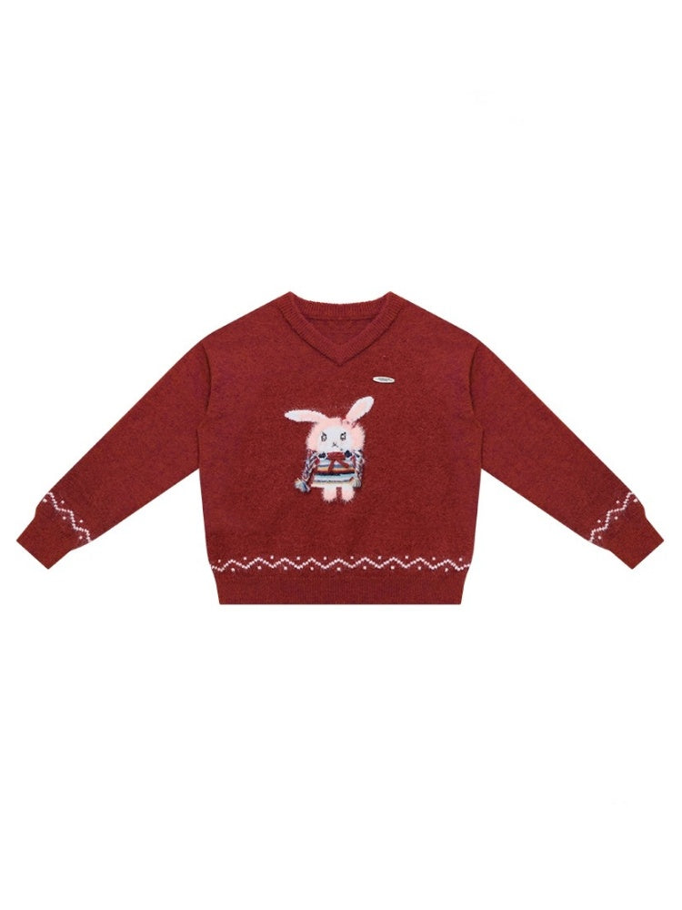 Rabbit Pattern Christmas  New Year Robe Soft Glutinous Thick Lazy Style V-Neck Sweater【s0000014784】