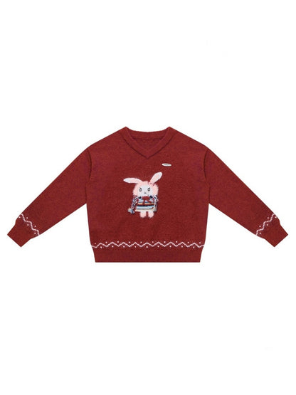 Rabbit Pattern Christmas  New Year Robe Soft Glutinous Thick Lazy Style V-Neck Sweater【s0000014784】
