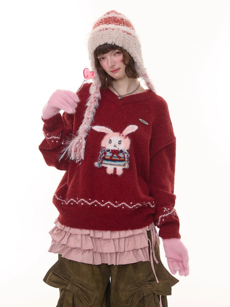 Rabbit Pattern Christmas  New Year Robe Soft Glutinous Thick Lazy Style V-Neck Sweater【s0000014784】