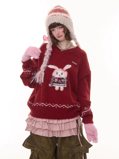 Rabbit Pattern Christmas  New Year Robe Soft Glutinous Thick Lazy Style V-Neck Sweater【s0000014784】
