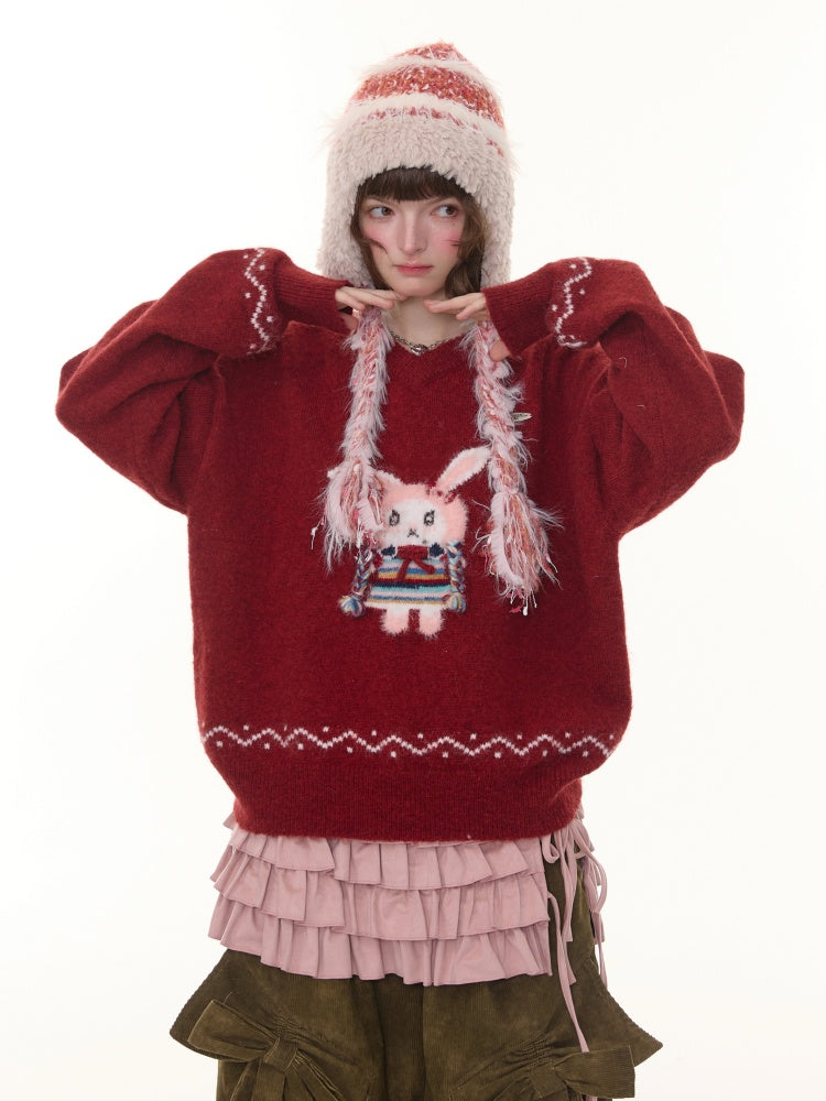 Rabbit Pattern Christmas  New Year Robe Soft Glutinous Thick Lazy Style V-Neck Sweater【s0000014784】