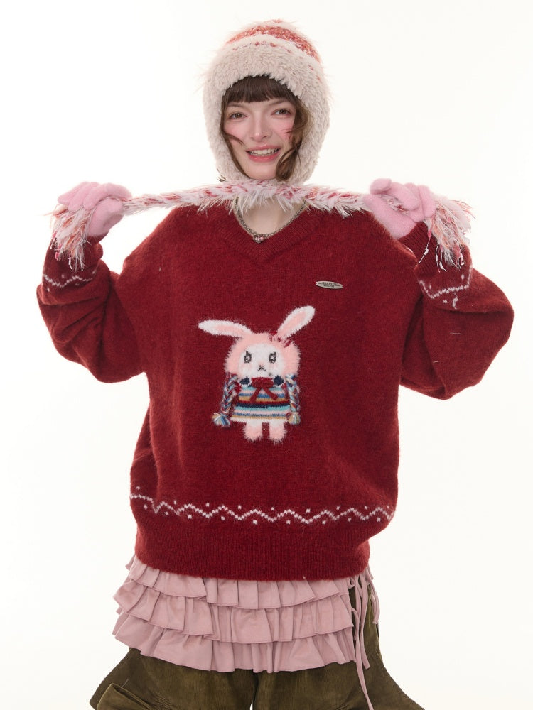 Rabbit Pattern Christmas  New Year Robe Soft Glutinous Thick Lazy Style V-Neck Sweater【s0000014784】