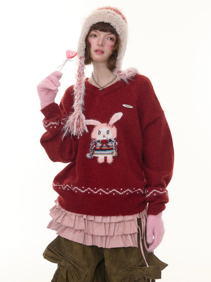 Rabbit Pattern Christmas  New Year Robe Soft Glutinous Thick Lazy Style V-Neck Sweater【s0000014784】