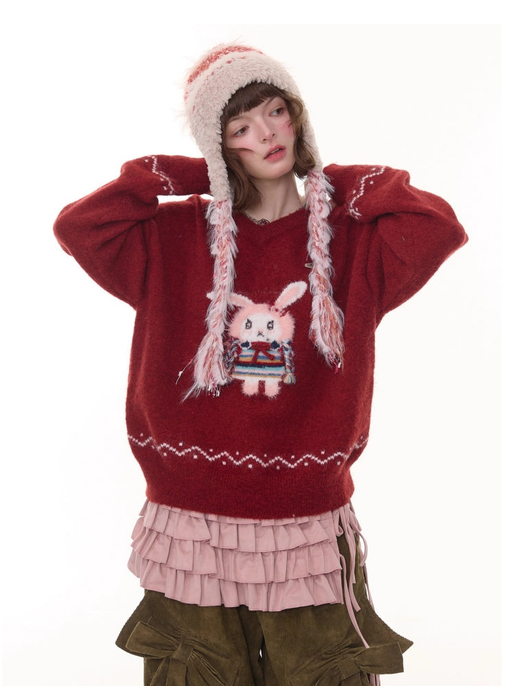 Rabbit Pattern Christmas  New Year Robe Soft Glutinous Thick Lazy Style V-Neck Sweater【s0000014784】
