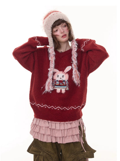 Rabbit Pattern Christmas  New Year Robe Soft Glutinous Thick Lazy Style V-Neck Sweater【s0000014784】