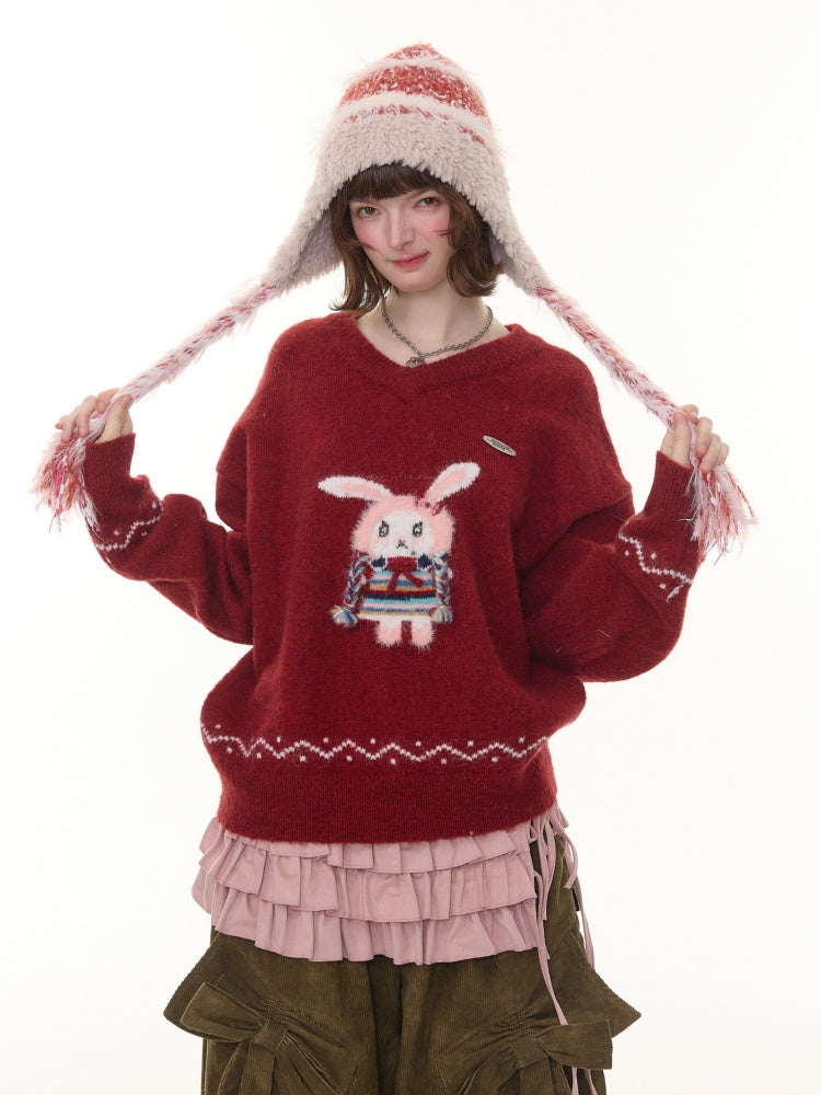 Rabbit Pattern Christmas  New Year Robe Soft Glutinous Thick Lazy Style V-Neck Sweater【s0000014784】