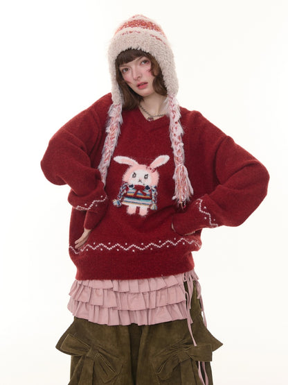 Rabbit Pattern Christmas  New Year Robe Soft Glutinous Thick Lazy Style V-Neck Sweater【s0000014784】